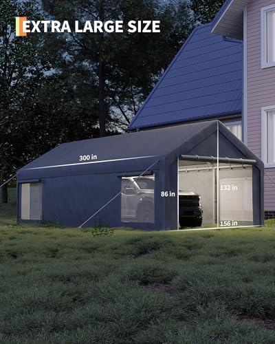 GarveeLife 13x25 ft Portable Garage, Car Port with 220 g PE Tarp Cover, with Front & Rear Roll-Up Doors and 4 Windows, for Temporary Paint Booth, Boats&Pickups Shed, and Event Shelter, Gray GarveeLife