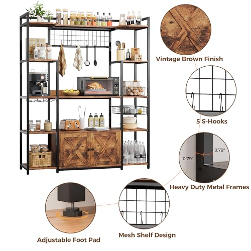 IRONCK Bakers Rack with Power Outlet, 54.7 Inch Coffee Bar Cabinet, Kitchen Bakers Rack with Storage, Microwave Stand with Shelves, Globlet Holder and 5 Hooks, Vintage Brown