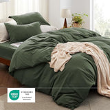 Bedsure Duvet Cover Queen Size with Fitted Sheet - 4 Pieces Prewashed Cotton-Like Extra Soft Bedding Set, Includes 1 Duvet Cover 90x90 Inches, 2 Pillow Shams, 1 Fitted Sheet, Olive Green Bedsure