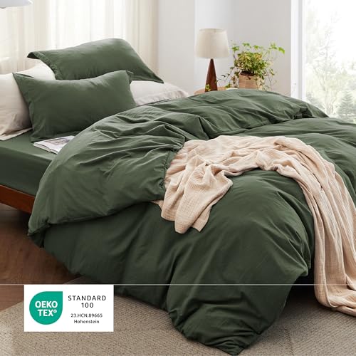 Bedsure Duvet Cover Full Size with Fitted Sheet - 4 Pieces Prewashed Cotton-Like Polyester Extra Soft Bedding Set, Includes 1 Duvet Cover 80x90 Inches, 2 Pillow Shams, 1 Fitted Sheet, Olive Green Bedsure