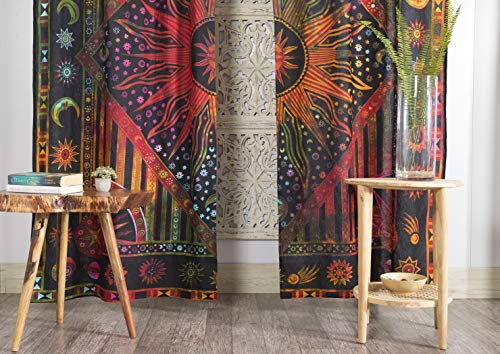 Popular Handicrafts Indian Burning Sun Moon Hippie Mandala Window Curtains for Doorways Closets - Gypsy Tye Dye Bohemian Beautiful Drapery Bedroom Livingroom Divider Balcony Valance Panels Golden Popular Handicrafts