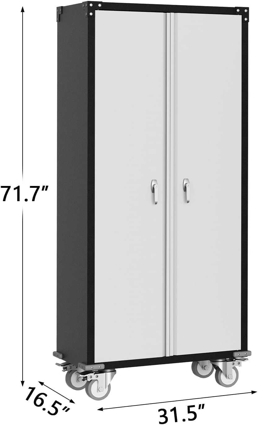 71.7" Metal Locker Storage Cabinet, Heavy-Duty Rolling Tool Cabinet with Wheels, Lockable Doors & Adjustable Feet, Garage Utility Storage for Office, Shop, or Home Tioutbot