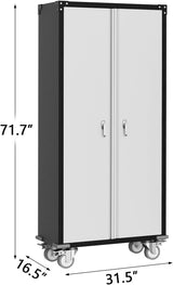 71.7" Metal Locker Storage Cabinet, Heavy-Duty Rolling Tool Cabinet with Wheels, Lockable Doors & Adjustable Feet, Garage Utility Storage for Office, Shop, or Home Tioutbot