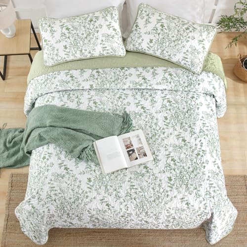 WONGS BEDDING Quilt King Size, Sage Green Quilt Bedding Set with 2 Pillowcases, Botanical Quilt for King Bed, Soft Microfiber Lightweight Coverlet Bedspread for All Season (110"×90", 3 Pieces) WONGS BEDDING