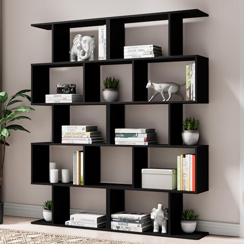 S-Shaped Black Geometric 5-Tier Bookcase – Modern Room Divider & Organiser - WoodArtSupply