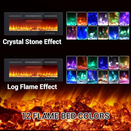 40" Electric Fireplace, Recessed and Wall Mounted Fireplace with Smart WiFi Infrared Linear Fireplace Heater 120v/1500w &12 LED Flame Colors & Timer Remote, Low Noise Operation LIZHOUMIL