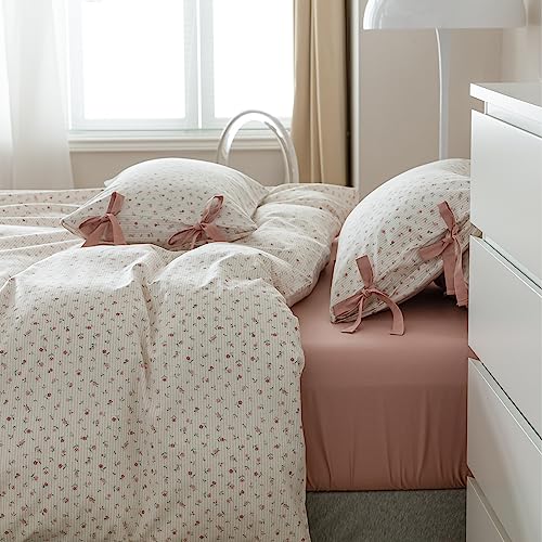 HighBuy Farmhouse Comforter Set Twin XL Botanical Floral Bedding Comforters for Teen Girls with 2 Bowknot Bow Tie Pillowcases Fluffy Soft Coquette Boho Comforter Cozy,Comfy Striped Comforter HighBuy