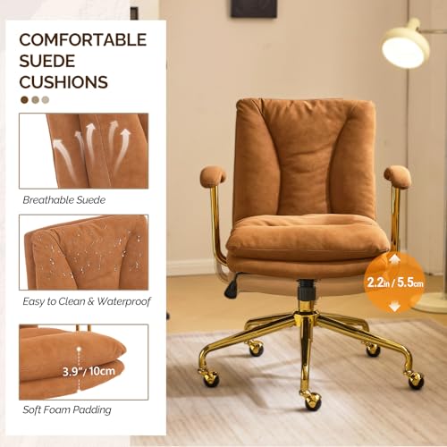 VINGLI Home Office Desk Chair Comfy with wheels&Removable Armrests,Gold Base Vanity Chair with Back,Adjustable Rolling Swivel Computer Task Chair for Study,Makeup,Office,Bedroom,Microfiber/Suede,Brown VINGLI