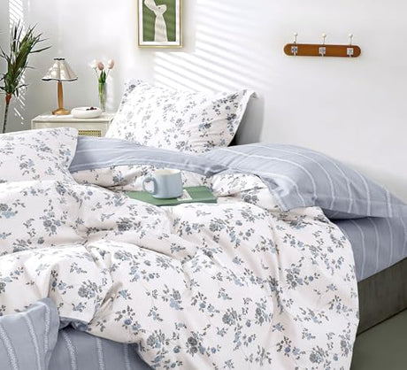 LEMIROE Vintage 100% Cotton Duvet Cover Queen Size 3PC - Soft Blue Floral Vines on White with Mist Gray Boho Leaf Striped Reverse, Luxurious Bedding Set with Button Closure (90"×90") LEMIROE