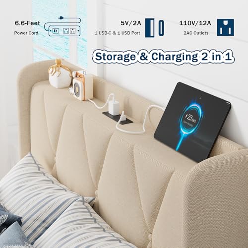 GalnFu Twin Bed Frame with 4 Storage Drawers, Upholstered Platform Bed with Charging Station, Modern Wingback Storage Headboard, Easy Assembly,Noise-Free, Beige GalnFu