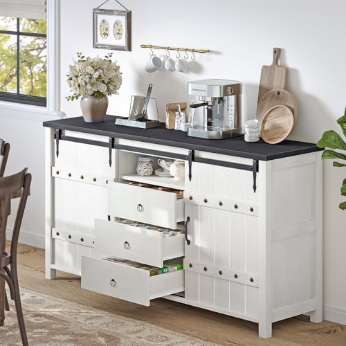 REAHOME Buffet Cabinet with Storage, 60" Sideboard Buffet Cabinet with Sliding Barn Doors & 3 Drawers, Farmhouse Wood Coffee Bar Cabinet Buffet Table for Kitchen, Dining Room,Living Room, White REAHOME