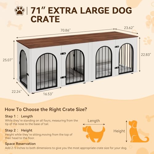 71" Large Dog Crate Furniture for 2 Dogs, Wooden Double Dog Crate, Indoor Dog Kennel TV Stand with Divider and Cushion for Large Medium Dogs, White/Brown GarveeLife