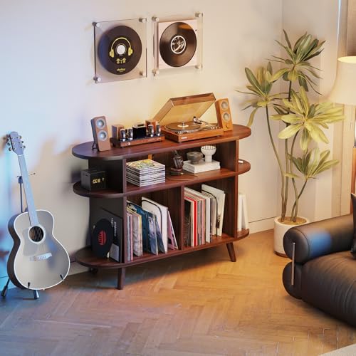 LIVEHOM Large Round Record Player Stand, Wood Record Storage Cabinet, Vinyl Record Holder with Display Area, Mid Century Modern Turntable for Living Room, Bedroom LIVEHOM