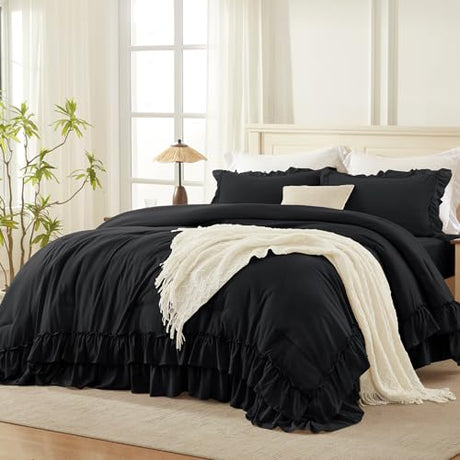 Andency Black King Comforter Set(104x90Inch), 3 Pieces Ruffle Comforter Set with 2 Pillowcases, Farmhouse Shabby Chic Lightweight Fluffy Soft Microfiber All Season Bed Set Andency