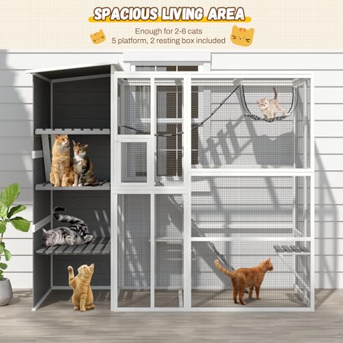 Large 4-Tier Outdoor Cat Enclosure Walk-in Catio with Weatherproof Solid Wood House, Connect to Window, 4 Platforms, 4 Private Resting Rooms & Bridge, for Multiple Cats (Grey) GZPATICY
