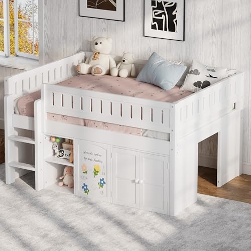 Harper & Bright Designs Low Loft Bed Full Size with Storage, Solid Wood Loft Bed with Cabinet and Chalkboard Panel, Multiple Functions Loft Bed Frame for Kids Teens Adults, White Harper & Bright Designs