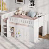 Harper & Bright Designs Low Loft Bed Full Size with Storage, Solid Wood Loft Bed with Cabinet and Chalkboard Panel, Multiple Functions Loft Bed Frame for Kids Teens Adults, White Harper & Bright Designs