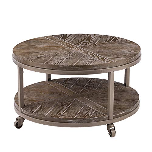 SEI Furniture Konya Urban Industrial Round Coffee Table, White-limed Burnt Oak/Distressed Gray - WoodArtSupply