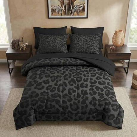 Nesker 7 Pcs Comforter Set King Size, Leopard Print Wild Animal Bedding Set for Kids and Adults, Black Grey African Cheetah Wildlife Bed Sheet Sets with Fitted Sheet 2 Pillowcases & 2 Shams Nesker