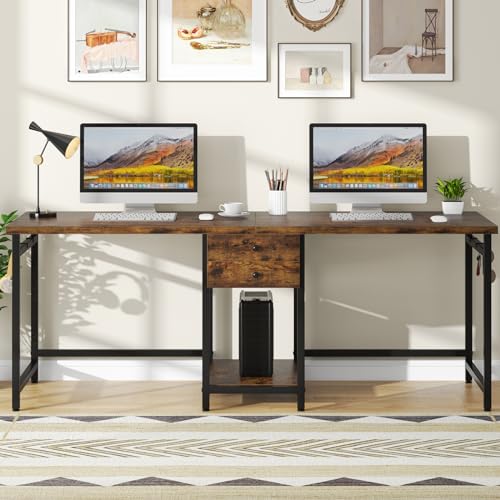 Tribesigns 79 Inch Extra Long Desk, Double Desk with 2 Drawers, Two Person Desk Long Computer Desk with Storage Shelves, Writing Table Study Desk for Home Office, Rustic Brown - WoodArtSupply