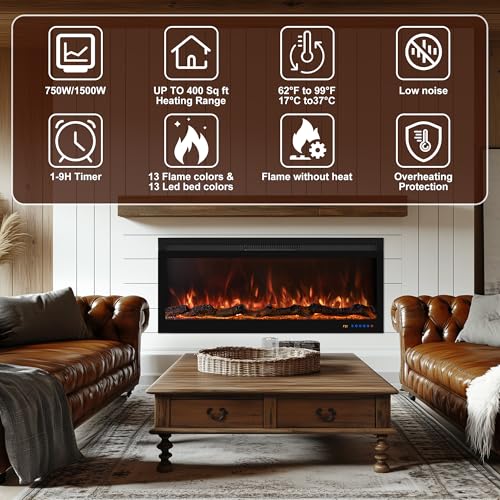 Oxhark Flame 60 Inch, Recessed & Wall Mounted WiFi-Enabled Electric Fireplace Inserts with Remote Control,Timer & Thermostat Fireplace Heater, Log Set & Crystal Options, 750W/1500W, Black Oxhark Flame