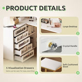 DWVO Vanity Desk with LED Lighted Mirror and 3 Lighting Modes, L-Shaped Corner Vanity Table, 48" Large Dressing Table with 5 Tempered Glass Drawers with Open Storage Shelves, White DWVO