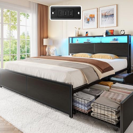 Rolanstar Queen Bed Frame with 4 Storage Drawers, Charging Station and LED Lights, Metal Platform Bed with 2-Tier Storage Headboard, No Box Spring Needed, Easy Assembly, Noise-Free, Black Rolanstar