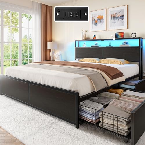 Rolanstar Queen Bed Frame with 4 Storage Drawers, Charging Station and LED Lights, Metal Platform Bed with 2-Tier Storage Headboard, No Box Spring Needed, Easy Assembly, Noise-Free, Black Rolanstar