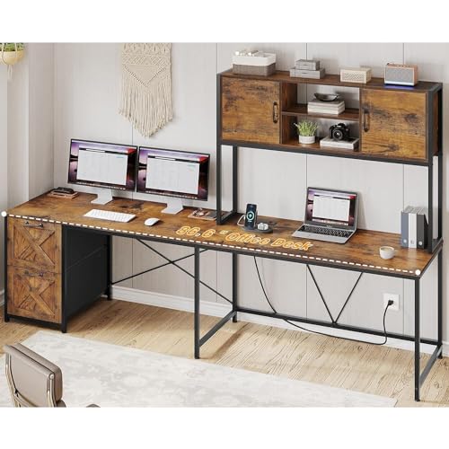 Saranya 18 Shop New Rustic Brown 86.6" L Shaped Desk Computer Two Person Shelf Cabinet File Drawer Storage Shelves Led Lights Reversible Office Study Home 62.2”L x 18.9”W x 65”H of - WoodArtSupply