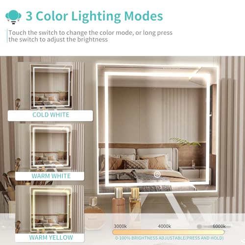 Lufeiya Small Makeup Vanity Desk with Fabric Drawers, 32 inch White Vanity Desks with Mirror and Light, Dressing Table and Chair Set with Power Outlet for Girls Bedroom, White Lufeiya