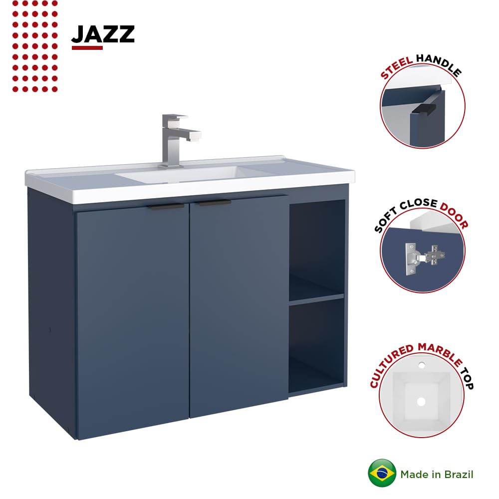 COZIMAX Vanity Jazz 32 inches - Floating Bathroom Vanity and Cultured Marble Sink with Soft Close Door (Blue) COZIMAX
