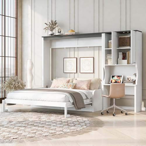 Murphy Bed with Sofa, 3-in-1 Space Saving Wall Bed with Built-in Fold-Out Desk, Storage Cabinet, and Comfortable Cushions (Queen Size) QVUUOU