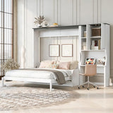 Murphy Bed with Sofa, 3-in-1 Space Saving Wall Bed with Built-in Fold-Out Desk, Storage Cabinet, and Comfortable Cushions (Queen Size) QVUUOU