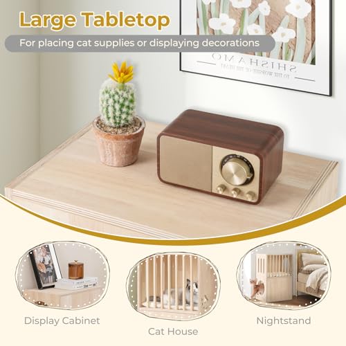 Tangkula 2-Tier Luxury Wood Cat House, Wooden Kitten Cage Condo with 2 Washable Plush Cushions, 2 Access Holes, Indoor Pet Playpen Cat Catio End Side Table Nightstand, Ventilated Cat Bed Furniture Tangkula