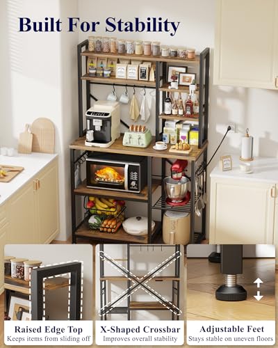 Kitsure Baker's Rack with Power Outlet - Storage Rack with Kitchen Shelves and 12 Hooks, Versatile Coffee Bar and Microwave Stand for Appliances, Pantry, Home Organization,Brown, 38.0" x 15.5" x 67.0"