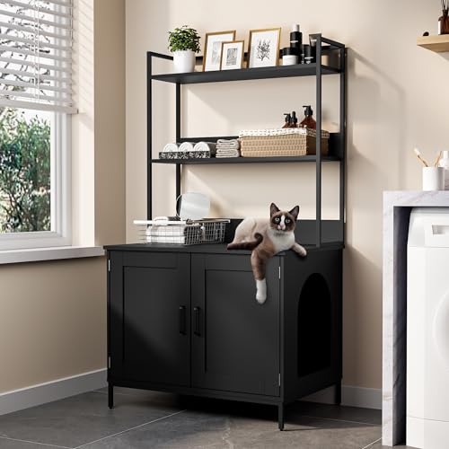 Cozy Castle Litter Box Enclosure with 2 Storage Shelves and 2 Doors, Hidden Cat Litter Box Enclosure Furniture with Shelf, Indoor Cat House Furniture for Most of Litter Box, Black - WoodArtSupply