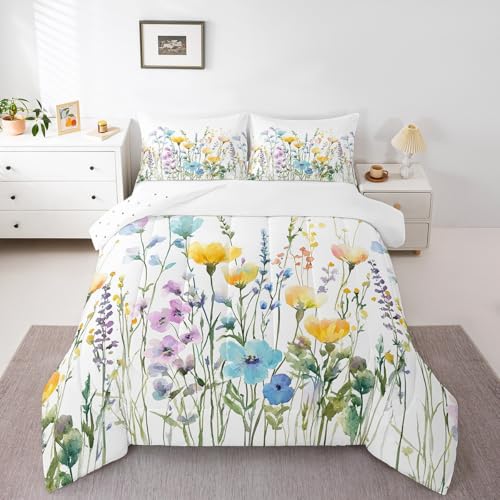 Erosebridal Spring Flower Comforter Set Twin Size, Beautiful Floral Bedding Set Natural Botanical Wildflower Quilt Rustic Farmhouse Duvet Insert for Teens Adult Women Bedroom, Aesthetic Decor Erosebridal