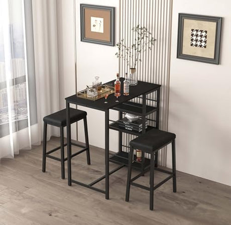 YHUBHSIS 3-Piece Dining Table and Chairs Set, 2-Person Kitchen Table and Chairs Set,with 3 Large Storage Shelves, for Kitchen Breakfast Table, Living Room, Bar, Small Space, Apartment (Black) YHUBHSIS