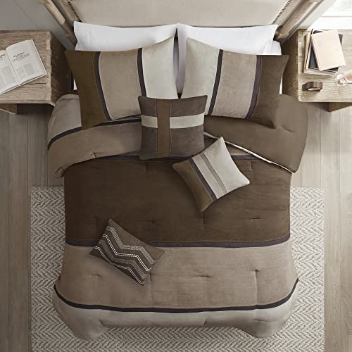 Madison Park Palisades Comforter Set Modern Faux Suede Pieced Stripe Design, All Season Down Alternative Cozy Bedding with Matching Shams, Decorative Pillows, King(104"x92"), Brown 7 Piece Madison Park