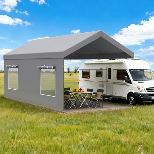 Carport Canopy Replacement Sidewall 20x6.6 FT Fits 10x20, 12x20, 20x20 FT Carport with Roll-up Windows, Waterproof & UV Protected, Easy Assembly with Ball Bungees, Grey (Sidewall Only, 1 Pack) FLOUREE