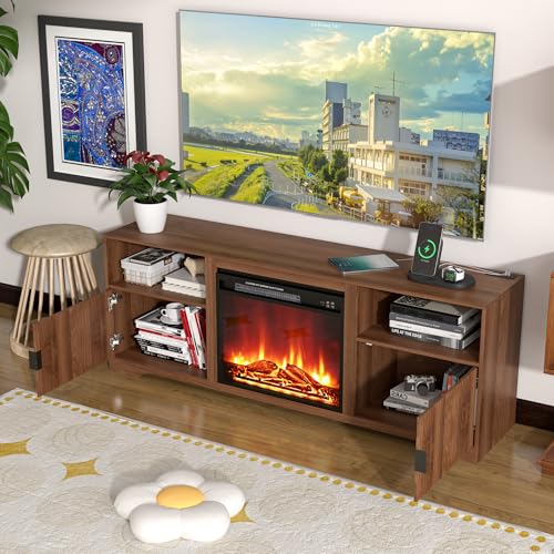 Fireplace TV Stand for Television up to 80 Inch,Entertainment Center with Adjustable Shelf,Mid-Century Modern Fluted TV Stand with 23" Electric Fireplace,Media Console for Living Room,Bedroom Mxtxmy