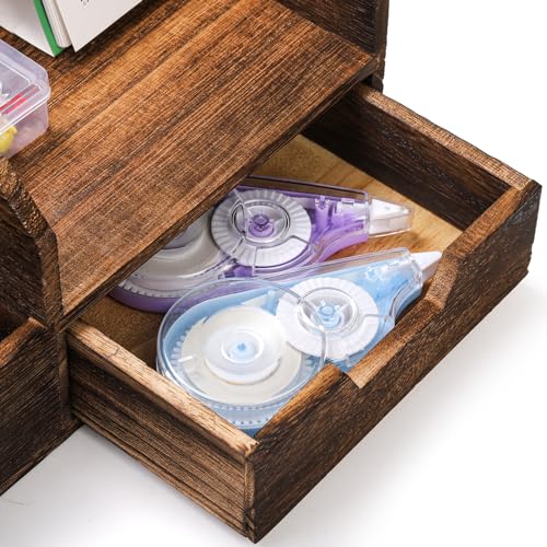 Pumtus Brown Wooden Mail Organizer, Desk Organizer with 7 Compartments and Drawer, Rustic Mail Sorter with Pen Holder, Tabletop Mail Basket, Office Accessories Holder for Pen File Letter Document Pumtus