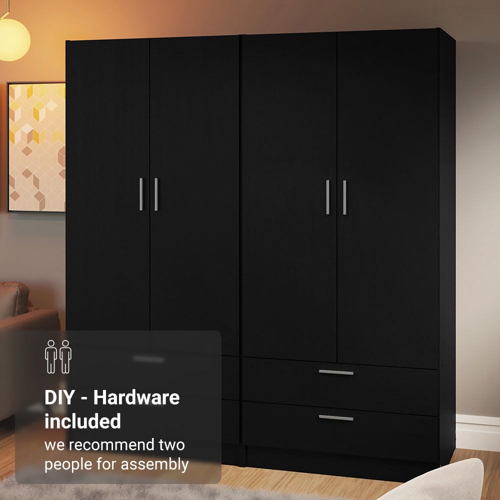 Madesa 4 Doors 4 Drawers Storage Cabinet Wardrobe with Shelves and Hanging Space 63" L Wooden Armoire Closet Organization Unit for Bedroom and Office (Black) Madesa