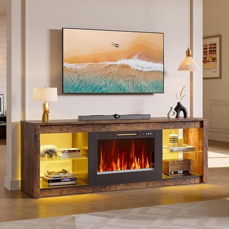Bestier 70 Inch Fireplace TV Stand for TV up to 75", LED Entertainment Center with 23" Electric Fireplace Media Console Table for Living Room with Glass Shelves, Rustic Brown Bestier