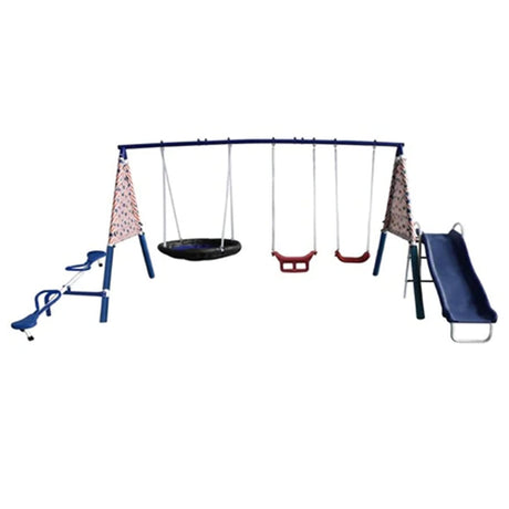 XDP Recreation Freedom Fun Metal A-Frame Kids Outdoor Swing Set 7 Child Capacity Backyard Playground Toy Set with Slide, 3 Swing Types, and See-Saw XDP RECREATION