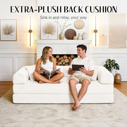 KSTNLUXQ 79" Corduroy Sofa Bed, Boneless Couch in a Box with 2 Pillows, High-Density Foam 4-in-1 Foldable Sleeper Futon Loveseat for Small Spaces, No Assembly, Side Pockets, Round Arm White KSTNLUXQ
