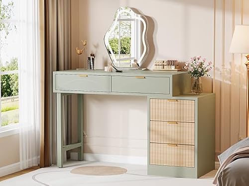 Tribesigns Makeup Vanity Desk with 5 Drawers, Modern Small Dressing Desk with Storage, Wood Make Up Table for Bedroom, Narrow Space (Without Mirror), Mint Green Tribesigns