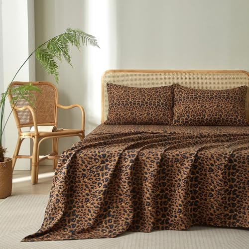 LifeTB Leopard Cheetah Printed King Sheets Set, Cooling Soft Microfiber Brown Leopard Bedding Sheets with 16" Deep Pocket, 4 Piece Vintage Animal Cheetah Pattern King Size Bed Sheets & Pillowcases LifeTB