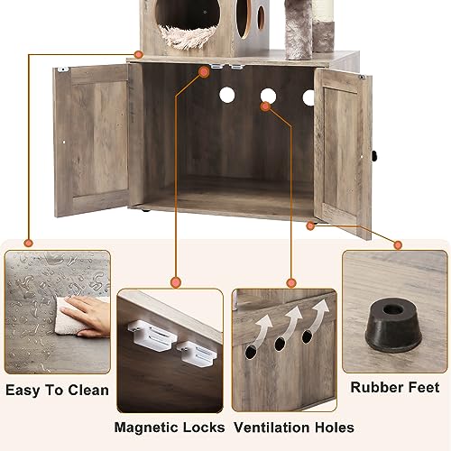 Timberer Cat Tree with Litter Box Enclosure, 2-in-1 Cat Tower for Indoor Cats, Large Cat Furniture, Wood Cat Condo with Basket, Scratching Posts, Pompoms, Grey Timberer