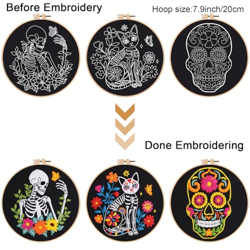 Louise Maelys 3 Sets Halloween Embroidery Kits for Beginners,Cross Stitch Kit for Adults,DIY Starters Needlepoint with Skull Flowers Pattern,Including Instruction